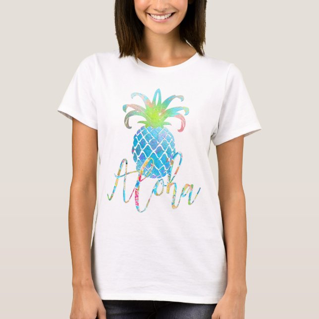 PixDezines Aloha Pineapple, Aqua Blue T-Shirt (Front)