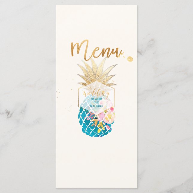 PixDezines Aloha Pineapple Faux Gold/Teal Menu (Front)