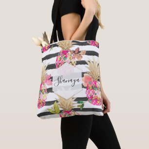 PixDezines Aloha Pineapple+Floral+Black Stripes Tote Bag