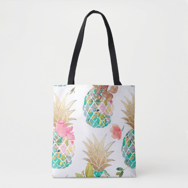 PixDezines Aloha Pineapple+Floral Watercolor Tote Bag (Front)