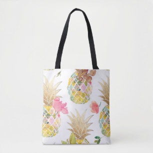 PixDezines Aloha Pineapple+Floral Watercolor Tote Bag