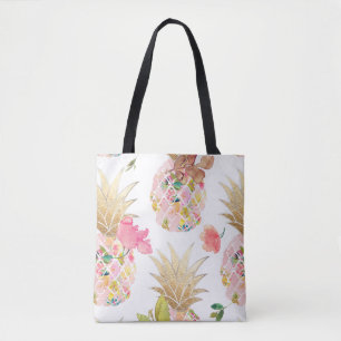 PixDezines Aloha Pineapple+Floral Watercolor Tote Bag