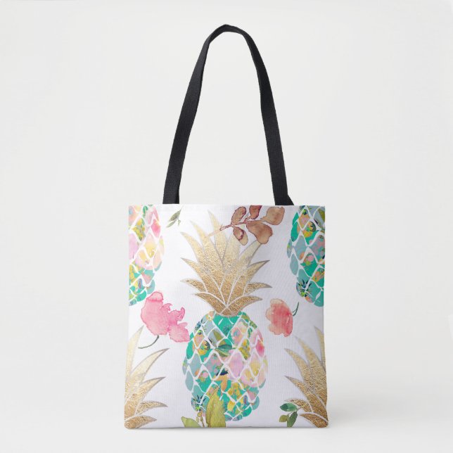 PixDezines Aloha Pineapple+Floral Watercolor Tote Bag (Front)