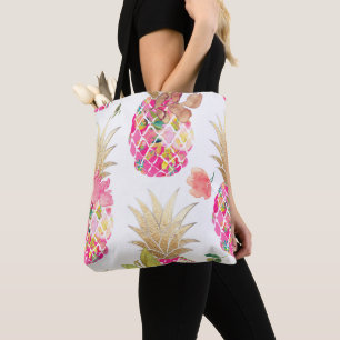 PixDezines Aloha Pineapple+Floral Watercolor Tote Bag