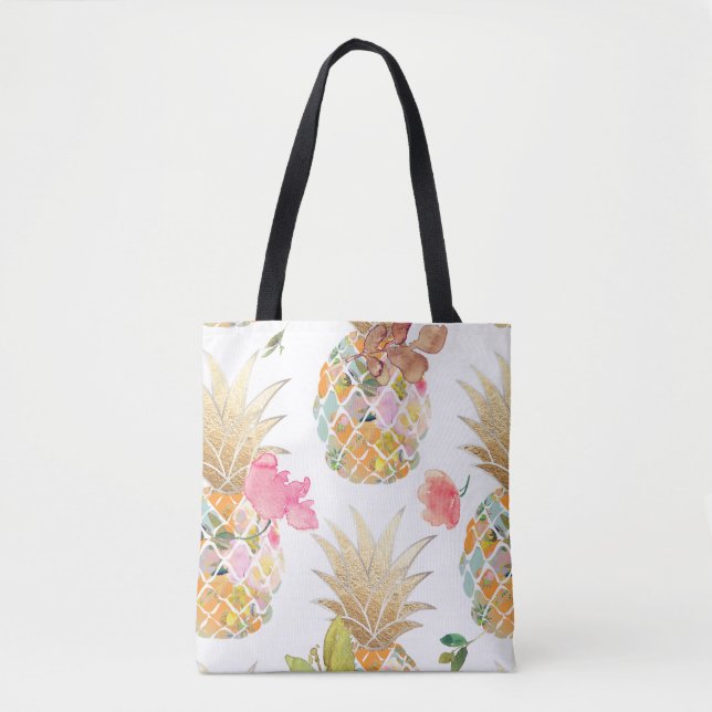 PixDezines Aloha Pineapple+Floral Watercolor Tote Bag (Front)