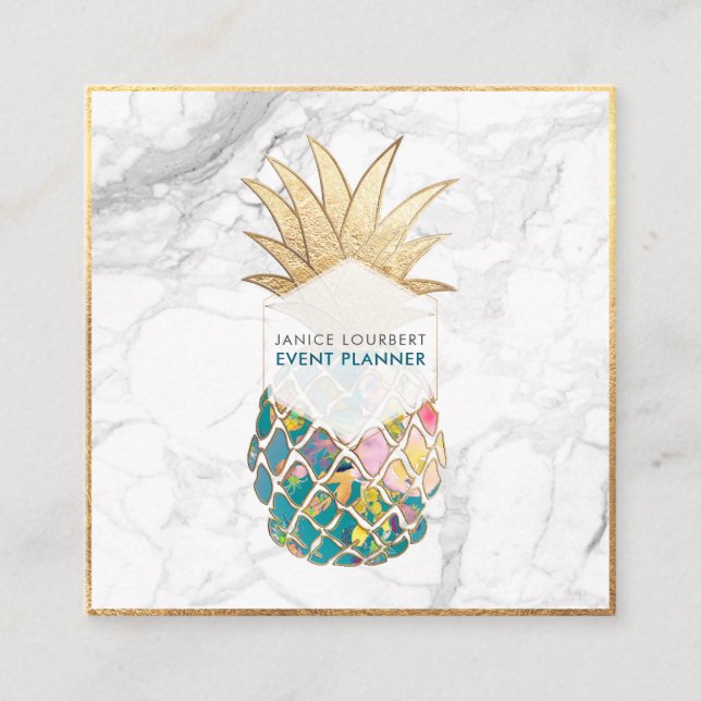 PixDezines ALOHA PINEAPPLE/TEAL BLUE/FAUX GOLD Square Business Card (Front)
