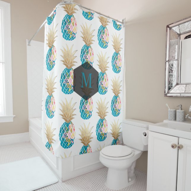 PixDezines Aloha Pineapples/Aqua/DIY background Shower Curtain (In Situ)