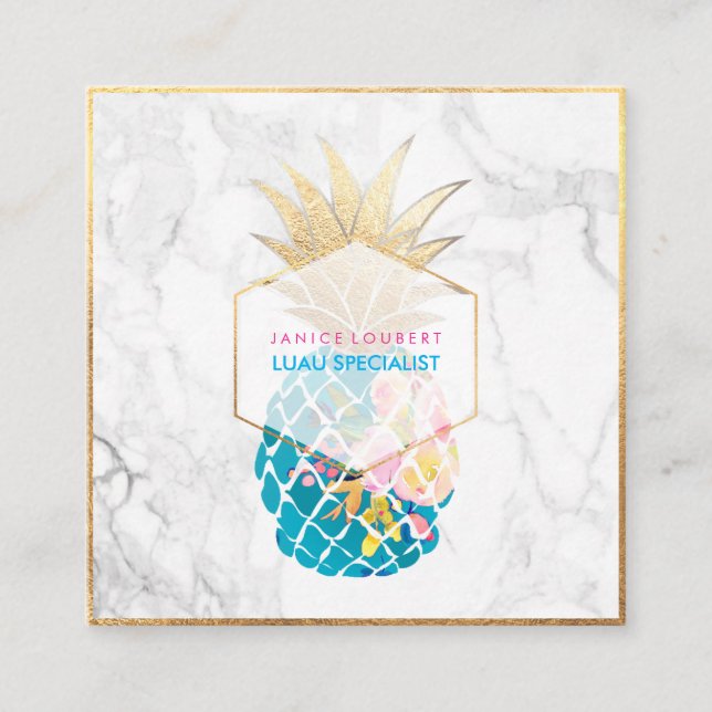 PixDezines Aloha Pineapples/Gold/Marble Square Business Card (Front)