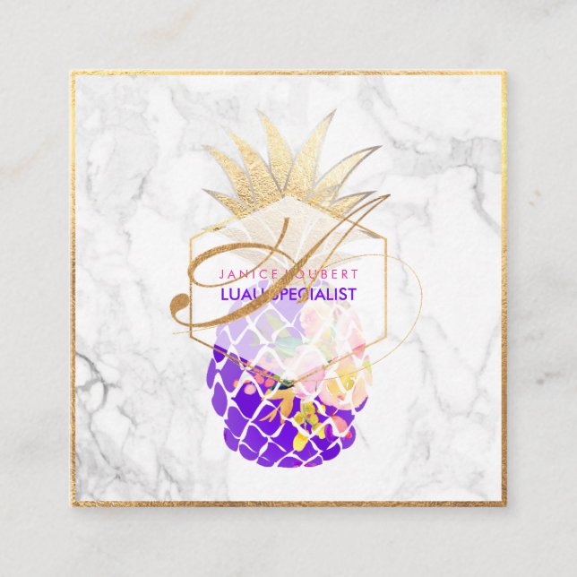 PixDezines Aloha Pineapples/Gold/Marble Square Business Card (Front)