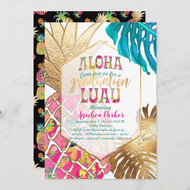 PixDezines Aloha Pineapples/Pink/Graduation Luau Invitation (Front/Back)