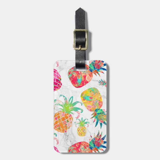 PixDezines Aloha Pineapples+White Marble Luggage Tag (Front Vertical)