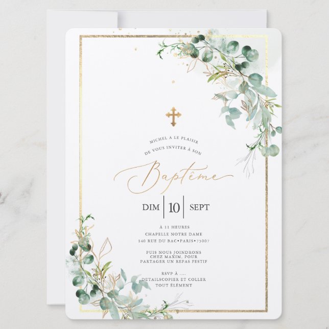 PixDezines Baptême d'Eucalyptus Rustique Aquarelle Invitation (Front)