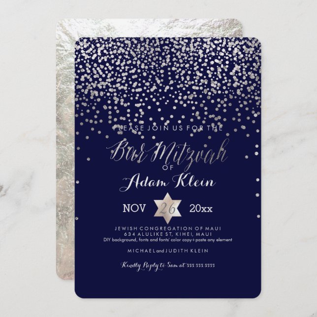 PixDezines Bar Mitzvah/Faux Silver Confetti Invitation (Front/Back)
