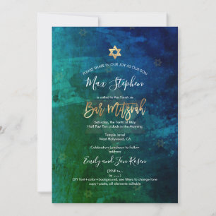 PixDezines Bar Mitzvah Navy+Emerald Watercolor Invitation