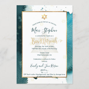PixDezines Bar Mitzvah  Teal Green Watercolor Invitation
