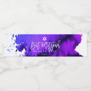 PixDezines Bat Mitzvah, Electric Purple Watercolor Water Bottle Label