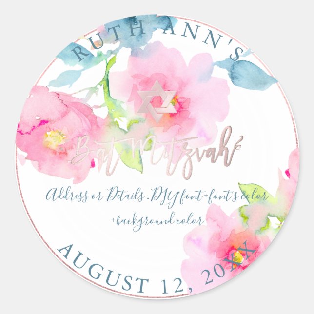 PixDezines Bat Mitzvah, Floral Watercolor Classic Round Sticker (Front)