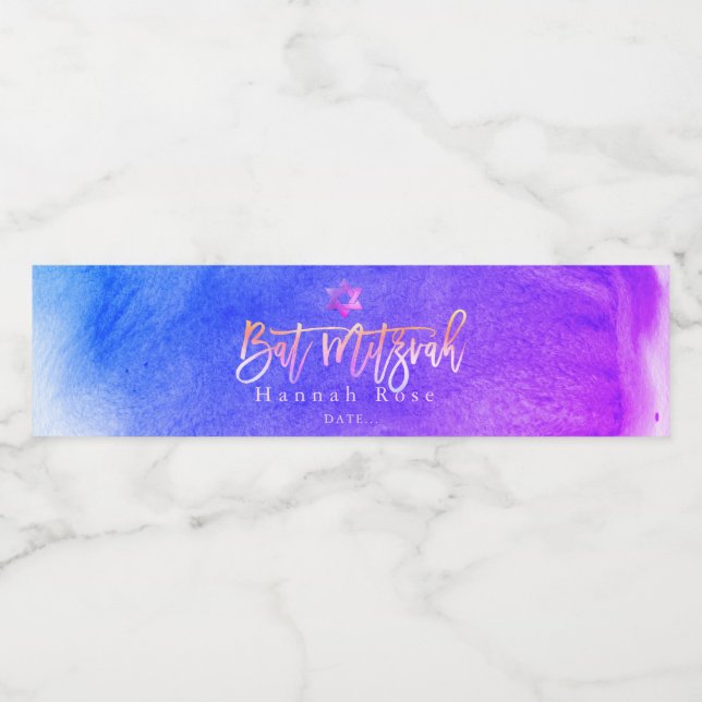 PixDezines Bat Mitzvah, Ombre Purple Watercolor Water Bottle Label (Single Label)