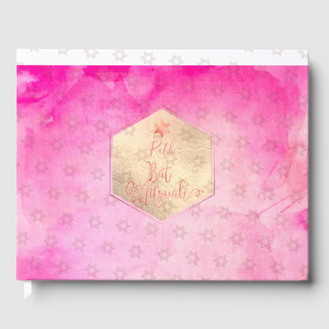 PixDezines Bat Mitzvah, Pink Rose Watercolor Guest Book (Front)
