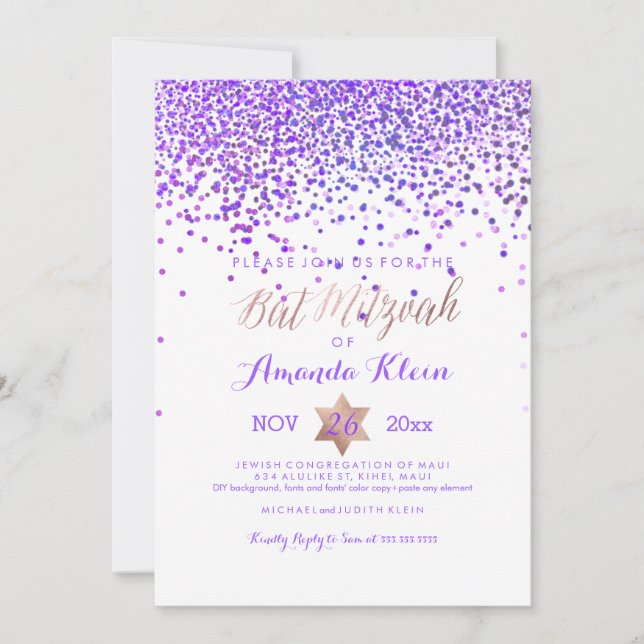 PixDezines Bat Mitzvah/Purple/Rose Gold/Confetti Invitation (Front)