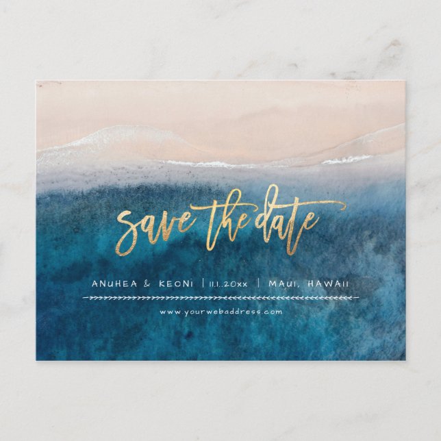 PixDezines Beach Faux Gold Modern Brush Script Announcement Postcard (Front)
