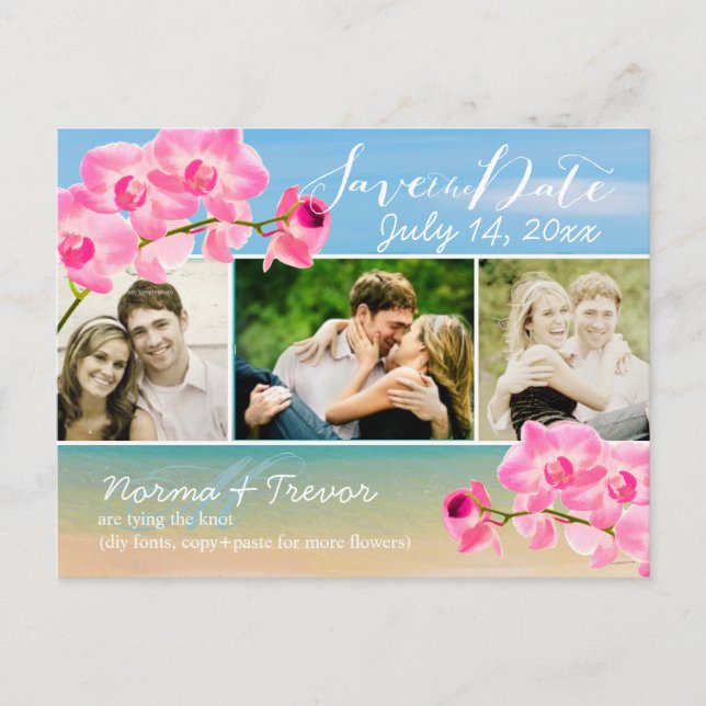 PixDezines beach+pink maui orchids save the date Announcement Postcard (Front)