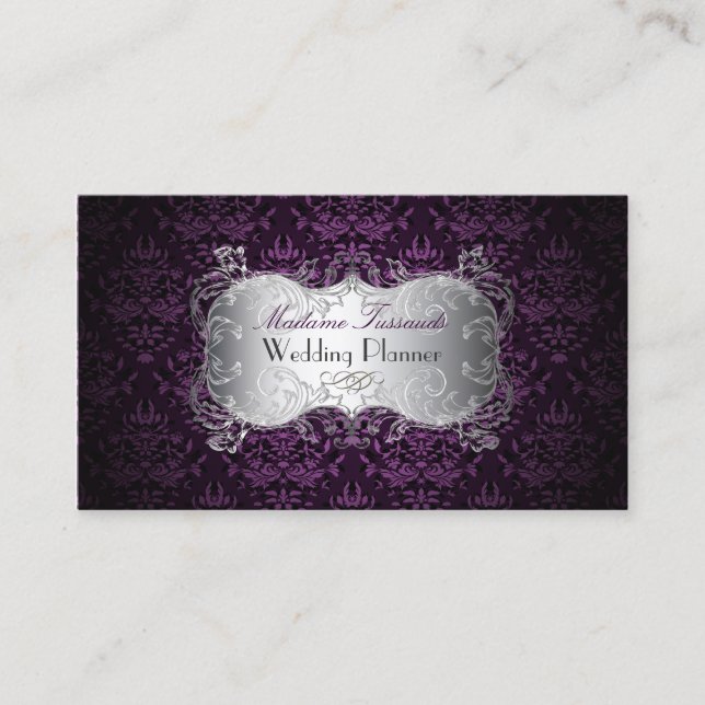 PixDezines bijoux damask faux silver/plum Business Card (Front)