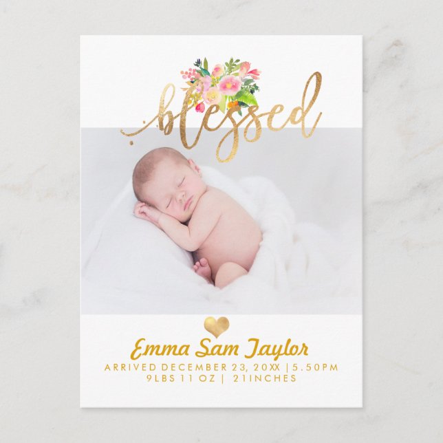 PixDezines Birth Announcement/Floral Watercolor Announcement Postcard (Front)