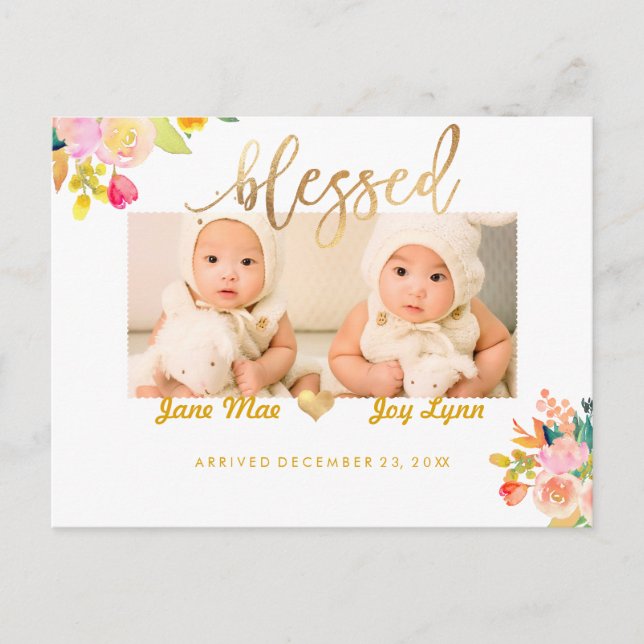 PixDezines Birth Announcement/Floral Watercolor Announcement Postcard (Front)