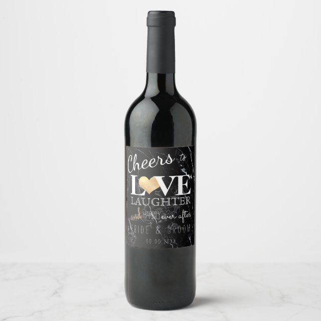 PixDezines Black Marble+Faux Gold Heart Wine Label (Front)