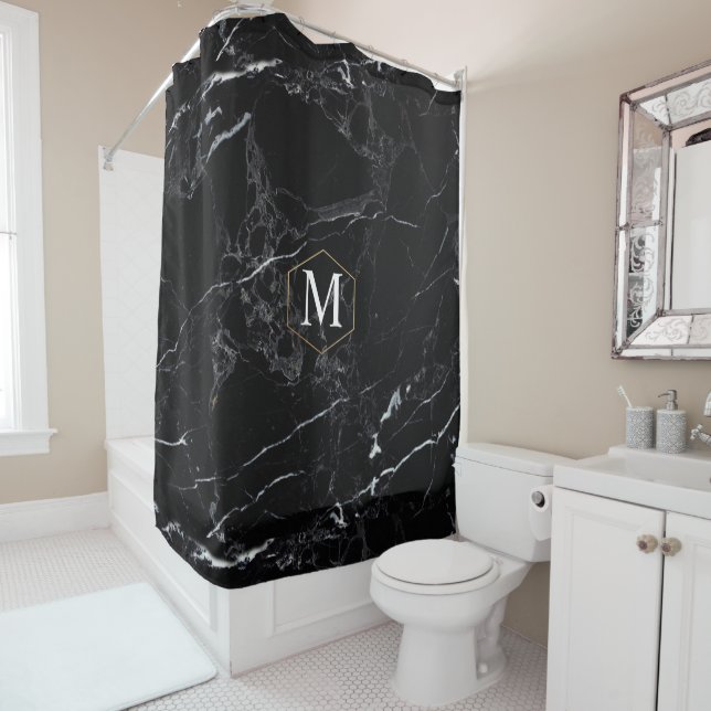 PixDezines BLACK MARBLE+MONOGRAM (removable) Shower Curtain (In Situ)