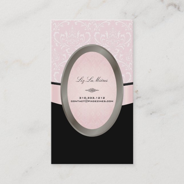 PixDezines Black, Pink Rossi Damask Business Card (Front)