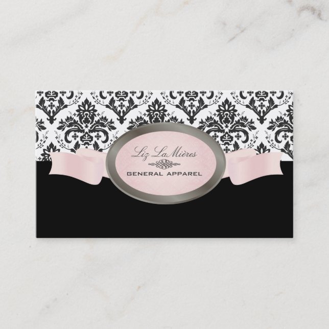 PixDezines Black, Pink, White Jolie Damask Business Card (Front)