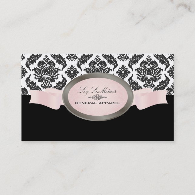PixDezines Black, Pink, White Venezia Damask Business Card (Front)