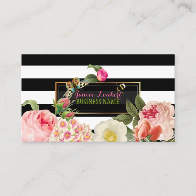 PixDezines black stripes primrose, peonies Business Card (Front)
