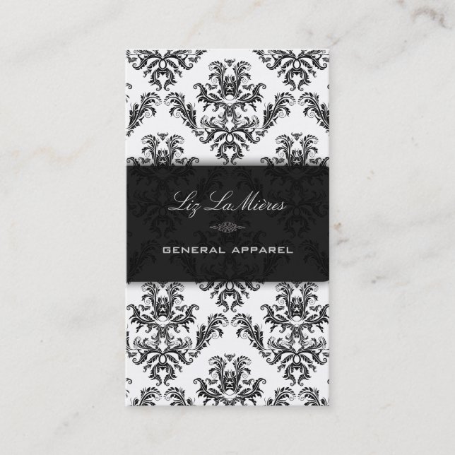 PixDezines Black+White Céleste Vintage Damask Business Card (Front)
