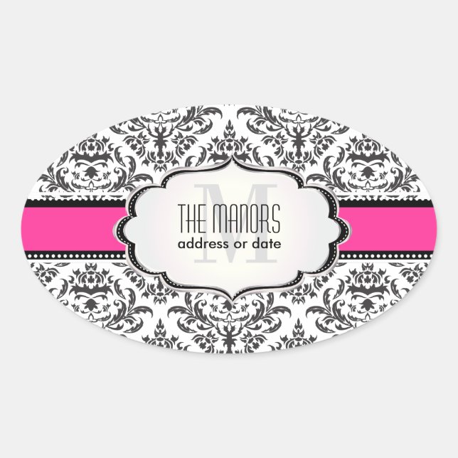 PixDezines Black+White Céline Damask/DIY colour Oval Sticker (Front)