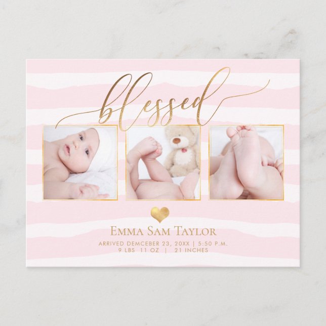 PixDezines Blessed Birth Announcement/Stripes Announcement Postcard (Front)