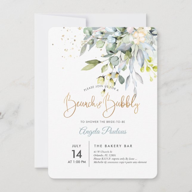 PixDezines Blue Gum Eucalyptus Brunch+Bubbly Invitation (Front)