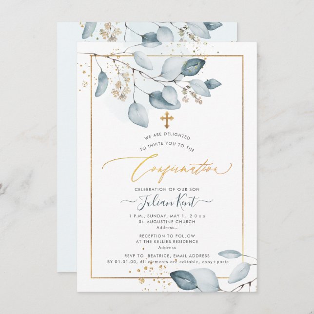 PixDezines Blue Gum Eucalyptus Confirmation Invitation (Front/Back)