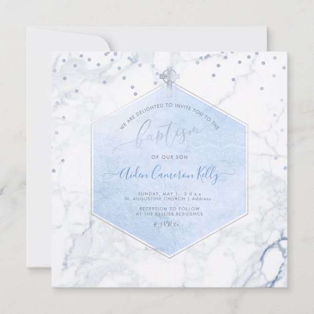 PixDezines Blue Honeycomb Marble Baptism Invitation (Front)