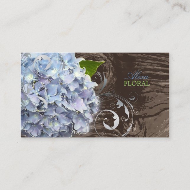 PixDezines blue hydrangeas, florists/wood panels Business Card (Front)