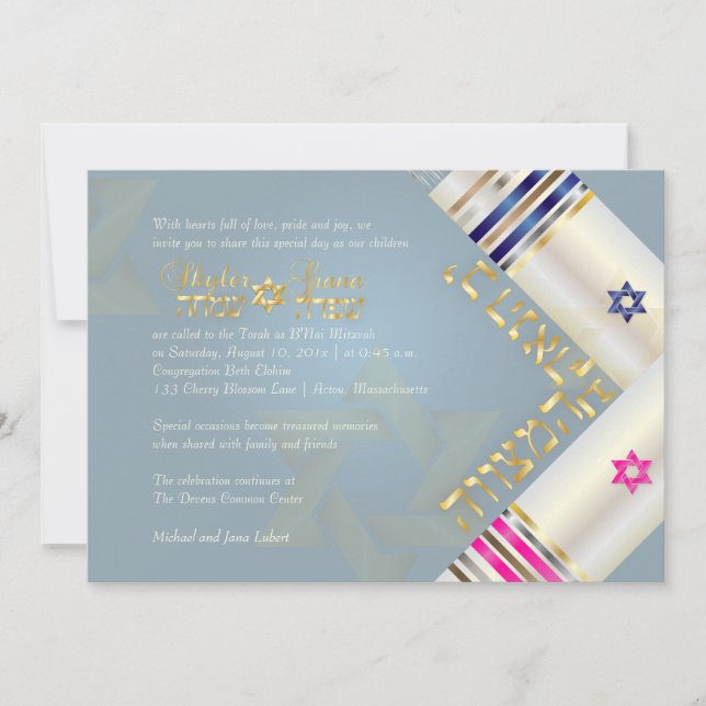 PixDezines Blue/Pink Tallits B'nai Mitzvah Invitation (Front)