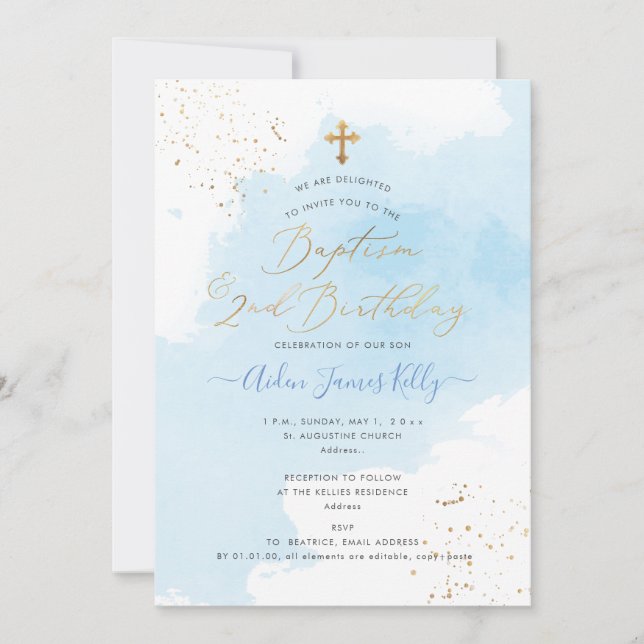 PixDezines Blue Watercolor Baptism+ 2nd Birthday Invitation (Front)