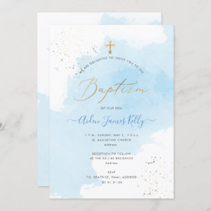 PixDezines Blue Watercolor Confetti Baptism Invitation