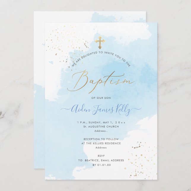 PixDezines Blue Watercolor Dorado Bautismo de polv Invitation (Front/Back)