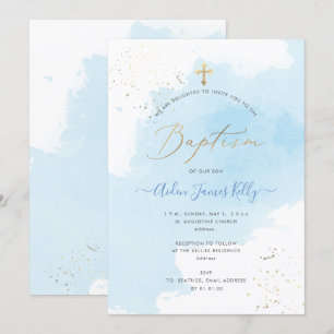 PixDezines Blue Watercolor Gold Dust Baptism Invitation