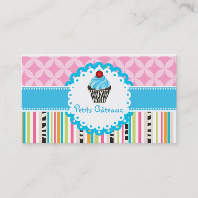 PixDezines blueberry swirls cupcake+stripes Business Card (Front)
