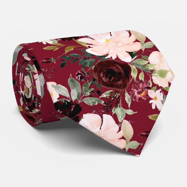 PixDezines Blush Burgundy Navy H2 Botanical Tie (Rolled)