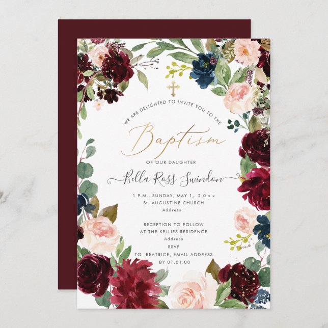 PixDezines Blush FlowersWatercolor Baptism Invitation (Front/Back)
